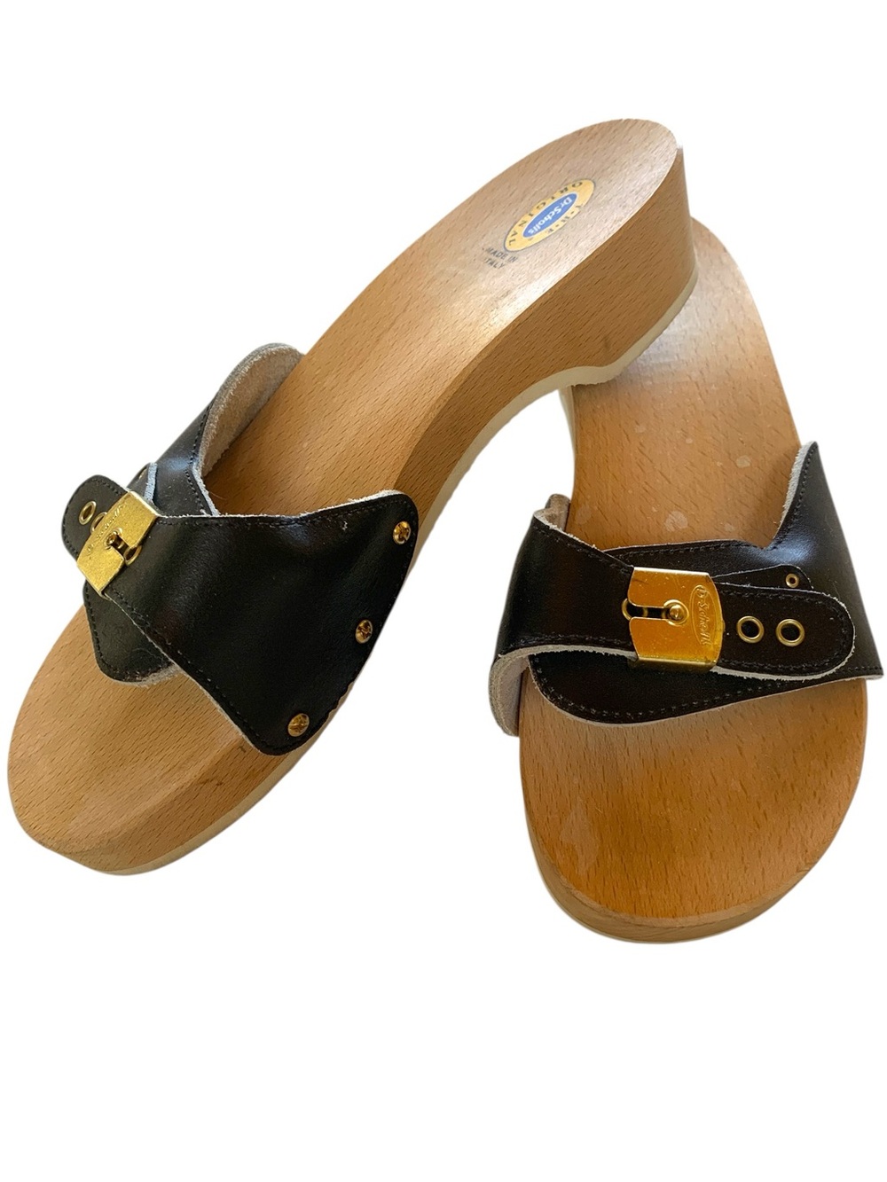 Dr. Scholl’s Original Wood Exercise Sandals Navy Leather Clog Slides Size 9
